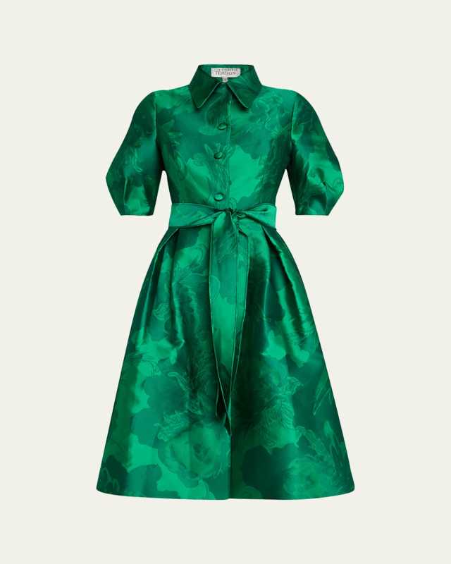 Pleated Floral Jacquard Midi Shirtdress